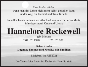 Traueranzeige von Hannelore Reckewell (geb. Mertens)  von Magdeburger Volksstimme