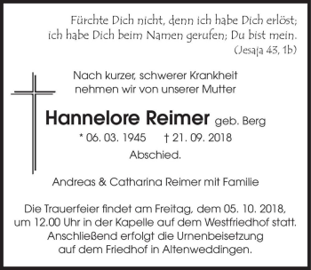 Traueranzeige von Hannelore Reimer (geb. Berg)  von Magdeburger Volksstimme
