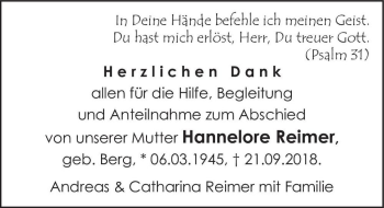 Traueranzeige von Hannelore Reimer (geb. Berg)  von Magdeburger Volksstimme