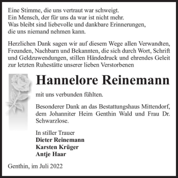 Traueranzeige von Hannelore Reinemann  von Magdeburger Volksstimme