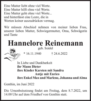 Traueranzeige von Hannelore Reinemann (geb. Seidel)  von Magdeburger Volksstimme