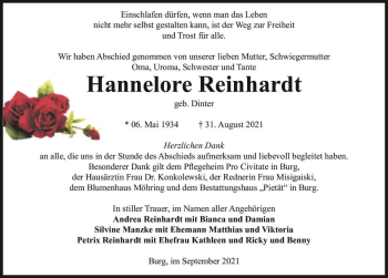 Traueranzeige von Hannelore Reinhardt (geb. Dinter)  von Magdeburger Volksstimme