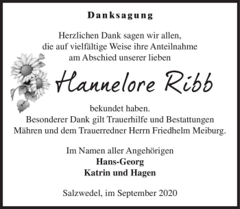 Traueranzeige von Hannelore Ribb  von Magdeburger Volksstimme