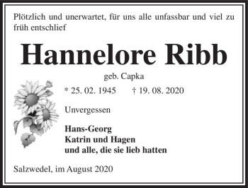 Traueranzeige von Hannelore Ribb (geb. Capka)  von Magdeburger Volksstimme