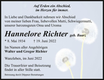 Traueranzeige von Hannelore Richter (geb. Baarz)  von Magdeburger Volksstimme