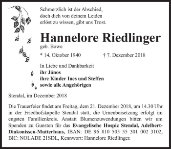 Traueranzeige von Hannelore Riedlinger (geb. Bowe)  von Magdeburger Volksstimme