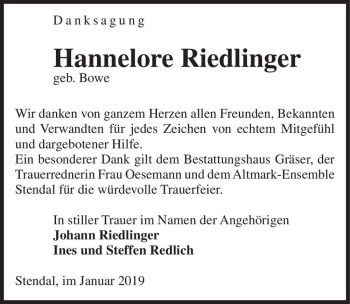 Traueranzeige von Hannelore Riedlinger (geb. Bowe)  von Magdeburger Volksstimme