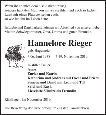 Traueranzeige von Hannelore Rieger (geb. Hagemeier)  von Magdeburger Volksstimme