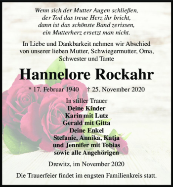 Traueranzeige von Hannelore Rockahr  von Magdeburger Volksstimme