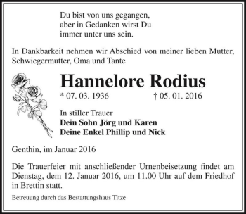 Traueranzeige von Hannelore Rodius  von Magdeburger Volksstimme