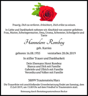 Traueranzeige von Hannelore Romboy (geb. Karries)  von Magdeburger Volksstimme
