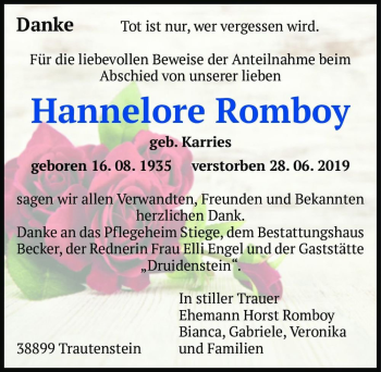 Traueranzeige von Hannelore Romboy (geb. Karries)  von Magdeburger Volksstimme