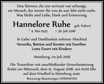 Traueranzeige von Hannelore Ruhe (geb. Nabert)  von Magdeburger Volksstimme