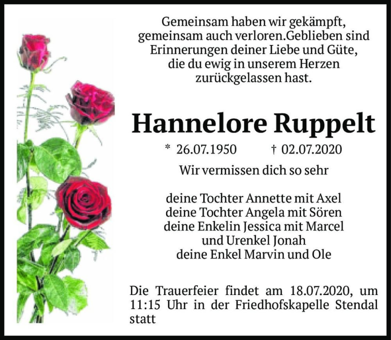 Traueranzeige für Hannelore Ruppelt  vom 11.07.2020 aus Magdeburger Volksstimme