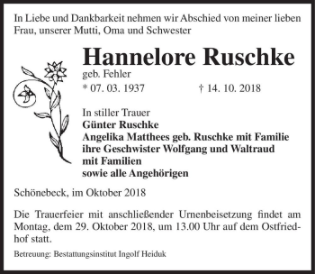 Traueranzeige von Hannelore Ruschke (geb. Fehler)  von Magdeburger Volksstimme