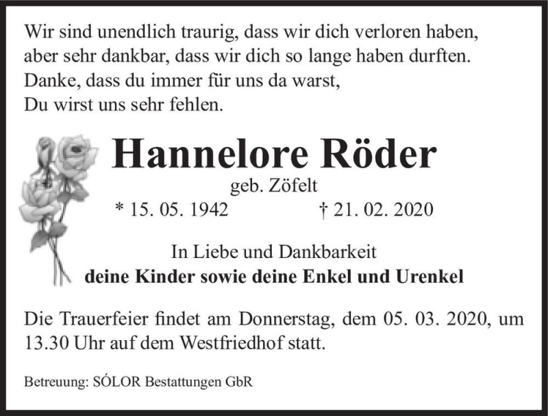  Traueranzeige für Hannelore Röder (geb. Zöfelt)  vom 29.02.2020 aus Magdeburger Volksstimme