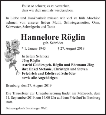 Traueranzeige von Hannelore Röglin (geb. Schröder)  von Magdeburger Volksstimme