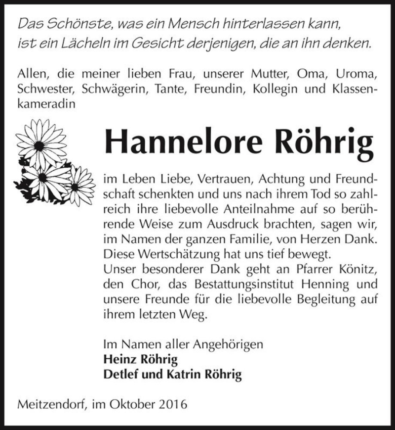  Traueranzeige für Hannelore Röhrig  vom 14.10.2016 aus Magdeburger Volksstimme