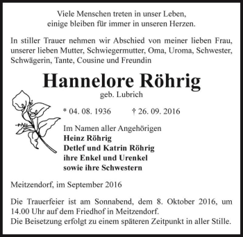 Traueranzeige von Hannelore Röhrig (geb. Lubrich)  von Magdeburger Volksstimme