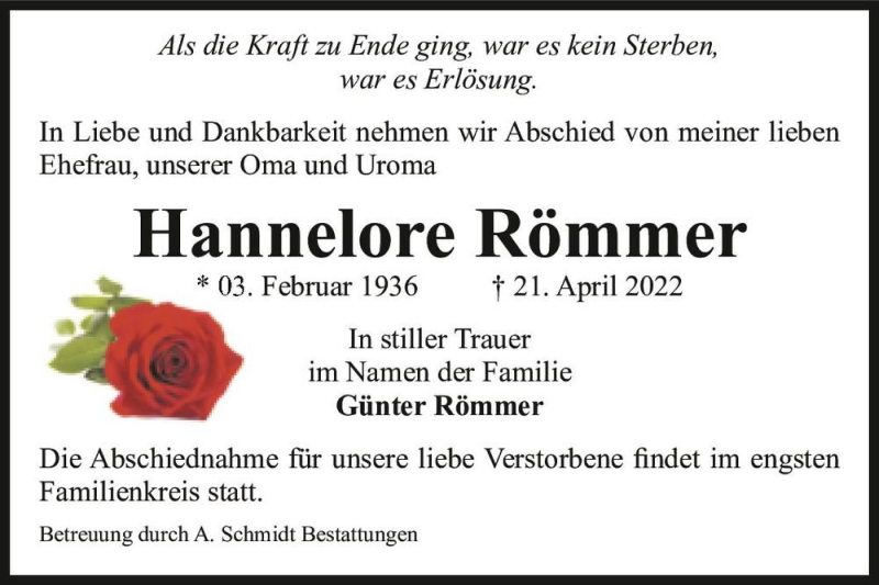  Traueranzeige für Hannelore Römmer  vom 07.05.2022 aus Magdeburger Volksstimme