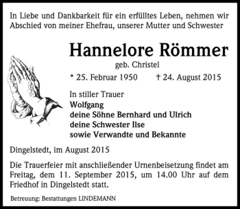 Traueranzeige von Hannelore Römmer (geb. Christel)  von Magdeburger Volksstimme