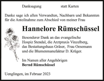 Traueranzeige von Hannelore Rümschüssel  von Magdeburger Volksstimme