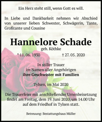 Traueranzeige von Hannelore Schade (geb. Köthke)  von Magdeburger Volksstimme
