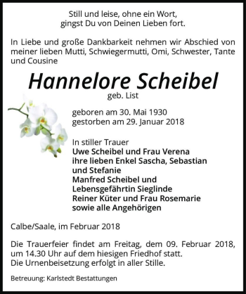 Traueranzeige von Hannelore Scheibel (geb. List)  von Magdeburger Volksstimme