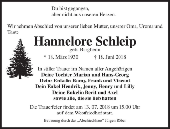 Traueranzeige von Hannelore Schleip (geb. Burghenn)  von Magdeburger Volksstimme
