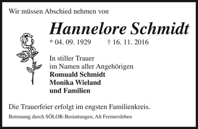  Traueranzeige für Hannelore Schmidt  vom 30.11.2016 aus Magdeburger Volksstimme