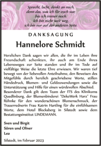 Traueranzeige von Hannelore Schmidt  von Magdeburger Volksstimme