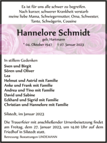 Traueranzeige von Hannelore Schmidt (geb. Hartmann)  von Magdeburger Volksstimme