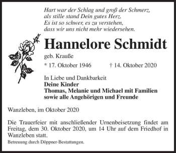 Traueranzeige von Hannelore Schmidt (geb. Krauße)  von Magdeburger Volksstimme