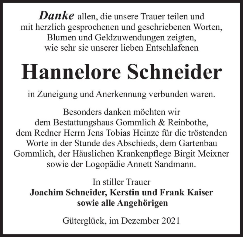  Traueranzeige für Hannelore Schneider  vom 24.12.2021 aus Magdeburger Volksstimme