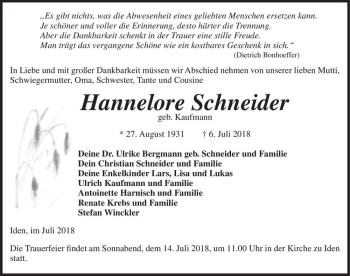 Traueranzeige von Hannelore Schneider (geb. Kaufmann)  von Magdeburger Volksstimme