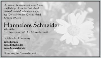Traueranzeige von Hannelore Schneider (geb. Lipke)  von Magdeburger Volksstimme