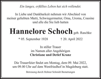 Traueranzeige von Hannelore Schoch (geb. Raschke)  von Magdeburger Volksstimme