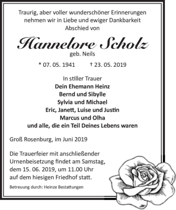Traueranzeige von Hannelore Scholz (geb. Neils)  von Magdeburger Volksstimme