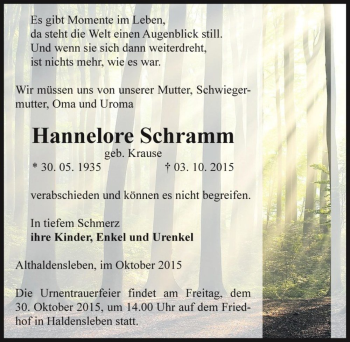 Traueranzeige von Hannelore Schramm (geb. Krause)  von Magdeburger Volksstimme