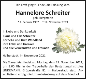 Traueranzeige von Hannelore Schreiter (geb. Bergmann)  von Magdeburger Volksstimme