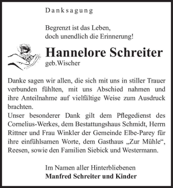 Traueranzeige von Hannelore Schreiter (geb. Wischer)  von Magdeburger Volksstimme