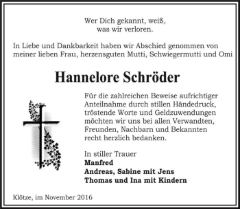 Traueranzeige von Hannelore Schröder  von Magdeburger Volksstimme