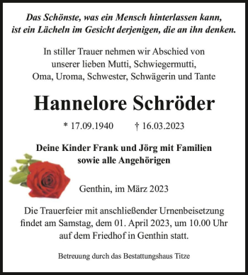 Traueranzeige von Hannelore Schröder  von Magdeburger Volksstimme