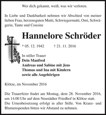 Traueranzeige von Hannelore Schröder  von Magdeburger Volksstimme
