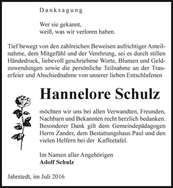 Traueranzeige von Hannelore Schulz  von Magdeburger Volksstimme