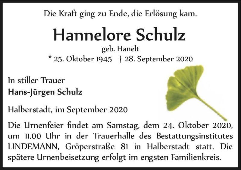  Traueranzeige für Hannelore Schulz (geb. Hanelt)  vom 10.10.2020 aus Magdeburger Volksstimme