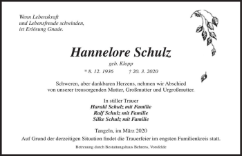 Traueranzeige von Hannelore Schulz (geb. Klopp)  von Magdeburger Volksstimme