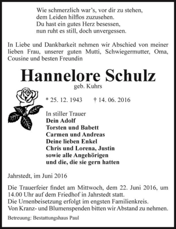 Traueranzeige von Hannelore Schulz (geb. Kuhrs)  von Magdeburger Volksstimme