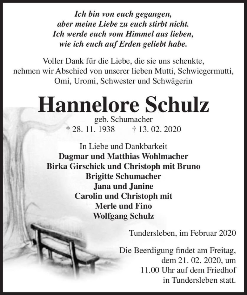  Traueranzeige für Hannelore Schulz (geb. Schumacher)  vom 18.02.2020 aus Magdeburger Volksstimme