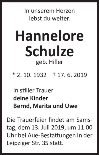 Traueranzeige von Hannelore Schulze (geb. Hiller)  von Magdeburger Volksstimme